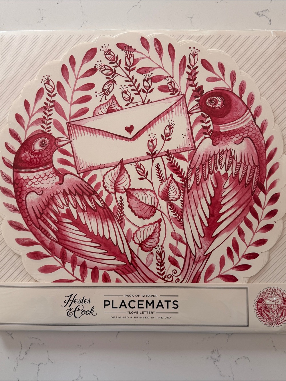 Hester & Cook "Love Letter" Red Love Bird Paper Placemat Set of 12